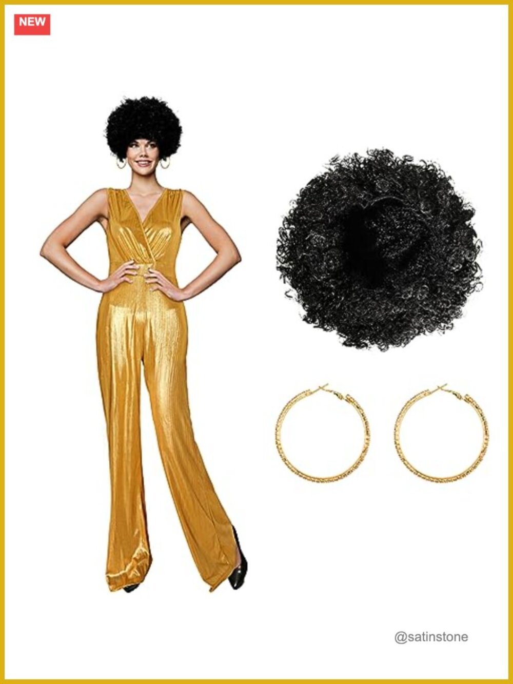 70s Disco Costume Set Jumpsuit Wig Earrings Halloween Party Outfit